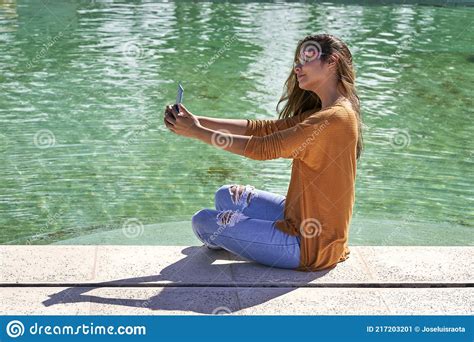 Beautiful Sensual Latin Woman Taking Selfie At Pool Stock Image Image