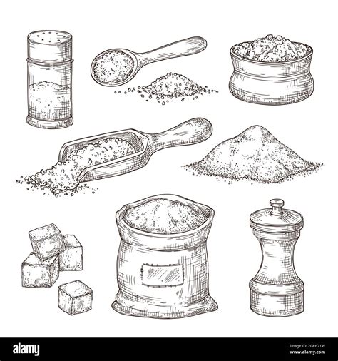 Salt Sketch Hand Draw Spice Vintage Bowl Spoon With Sea Salt Powder