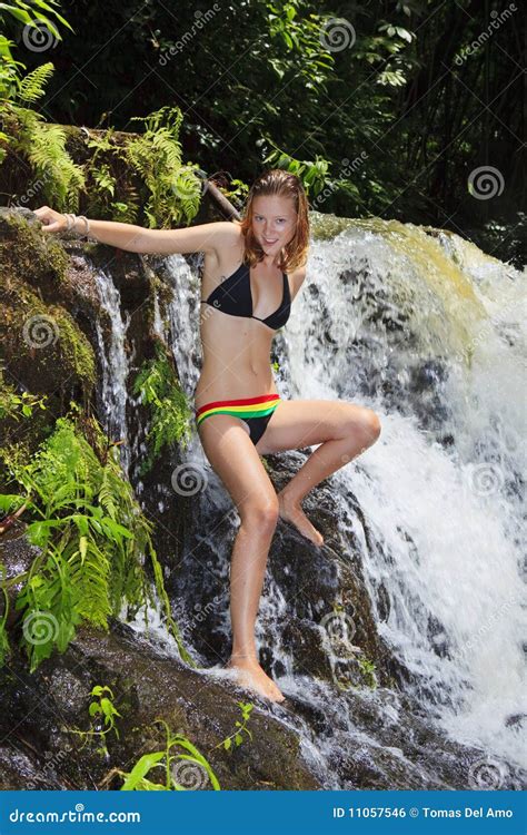 Woman By A Tropical Waterfall Stock Photo Image Of Outdoors