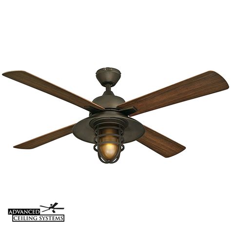 An industrial style outdoor ceiling fan with a light package may have a basket shade that protects the bulb from damage. 7 Rustic Industrial Ceiling Fans With Cage Lights You'll ...