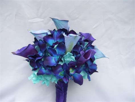 nicole s silk bridal bouquet with turquoise hydrangeas blue orchids calla lilies galaxy