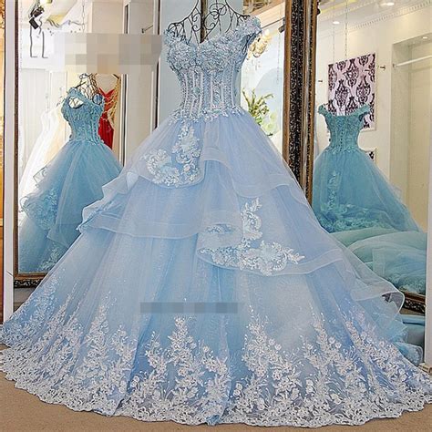 2017 Ball Gown Wedding Dress Ice Cream Blue Cap Sleeve Bridal Dresses