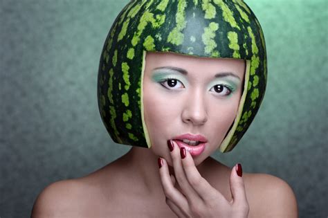 Wallpaper Face Black Women Model Red Makeup Green Hair Mouth Melons Pink Skin