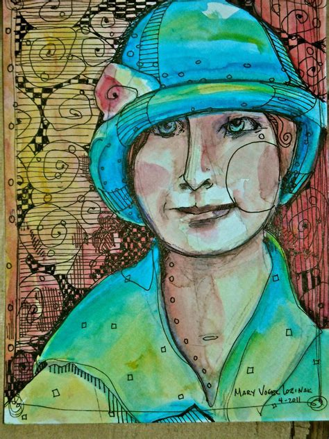 Mary Vogel Lozinak Blue Woman In Hat Doodles Zentangles Doodle