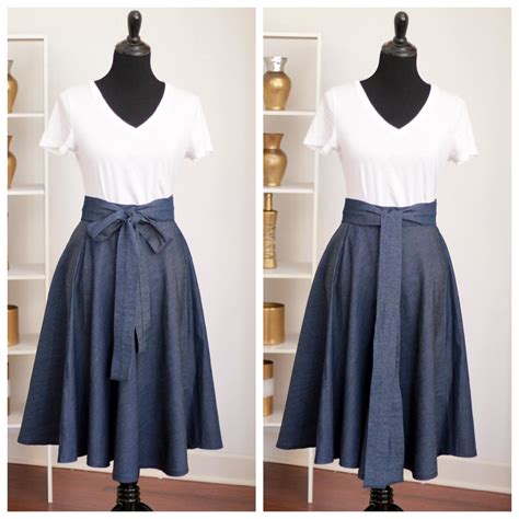 Denim Chambray Circle Midi Skirt With Pockets And Belt Plus Sizes