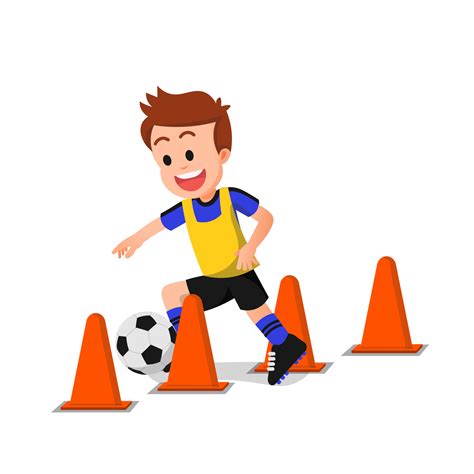 A Cheerful Boy Practicing Soccer With Several Cones Vector Art