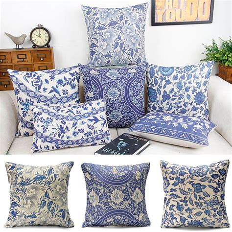 Vintage Oriental Cushion Cover Blue Floral Cotton Linen Pillow Case