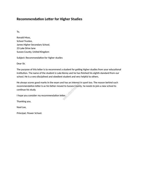 Recommendation Letter For Employee From Manager For Higher Studies