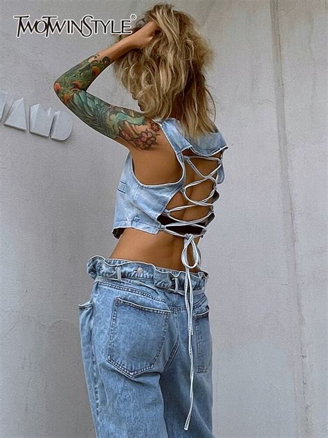 Twotwinstyle Sexy Lace Up Open Back Blue Denim Womens Vest V Neck Sleeveless Korean Fashion