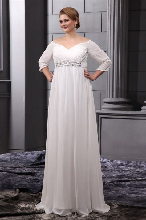 Plus Size White Chiffon Floor Length V Neck Wedding Dress Empire