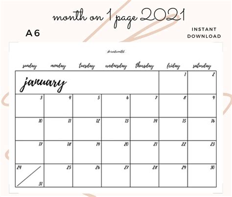A6 Printable Month On 1 Page 2021 Monthly Calendar Etsy