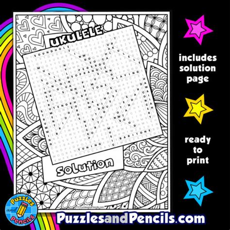 Ukulele Word Search Puzzle Activity Page With Coloring Music