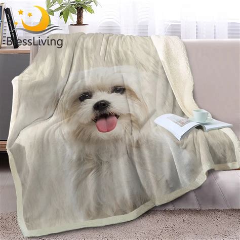 Blessliving Shih Tzu Throw Blanket For Bed White Dog Fur Print Sherpa