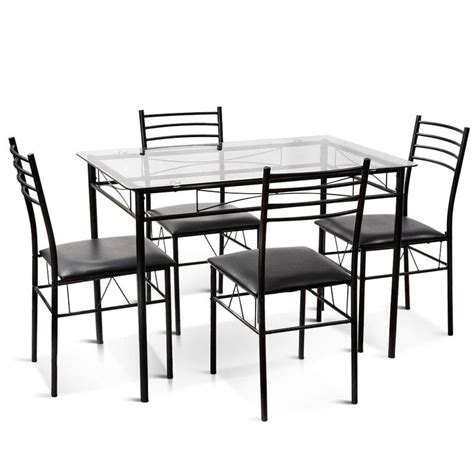 5 Pieces Dining Set Tempered Glass Top Table And 4 Upholstered Chairs