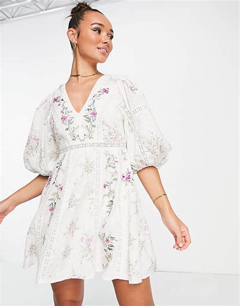 asos edition floral embroidered mini dress with lace inserts in cream asos
