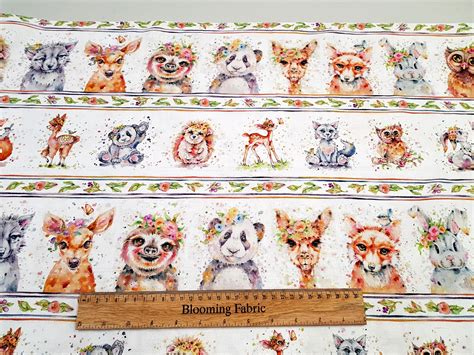 Animals Fabric Panel Watercolour Style Fabric Fox Panda Etsy