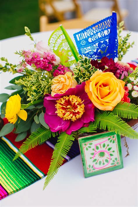 Bright Floral Centerpiece With Mexican Tile Table Numbers Mexican