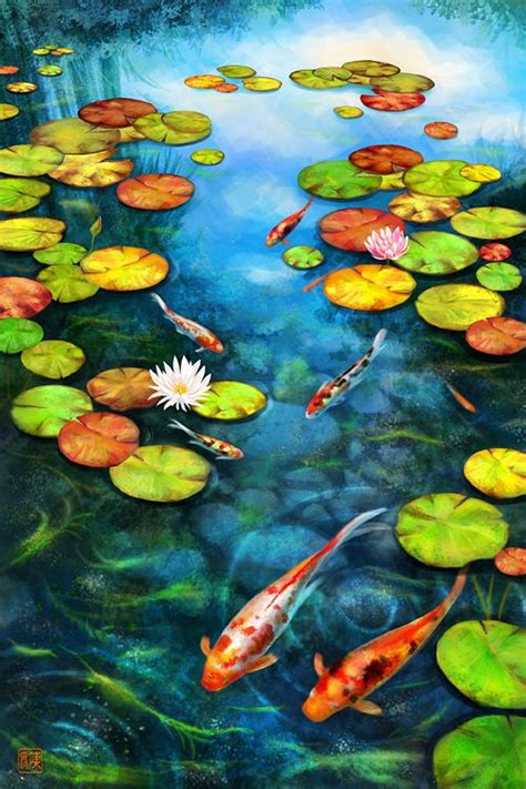 Koi ponds can be designed specifically to promote health and growth of the nishikigoi or japanese ornamental carp. Koi in lily pond by ~pencilkiller | Pond drawing, Pond ...
