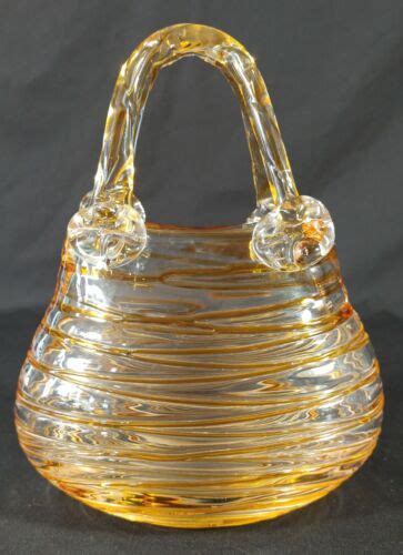 Murano Style Hand Blown Art Glass Handbag Purse Clear With Amber Stripes Ebay