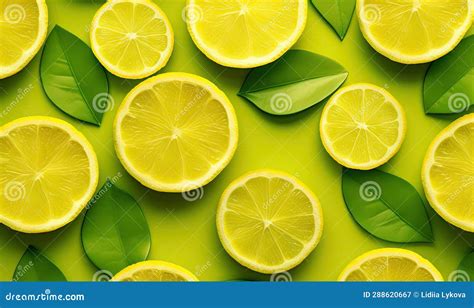 Fresh Lemon Slices With Leaves On A Green Background Juice Of Ripe