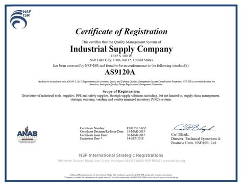As9120 Certification Industrial Supply Company