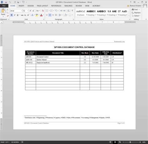 Document Control Log Iso Template
