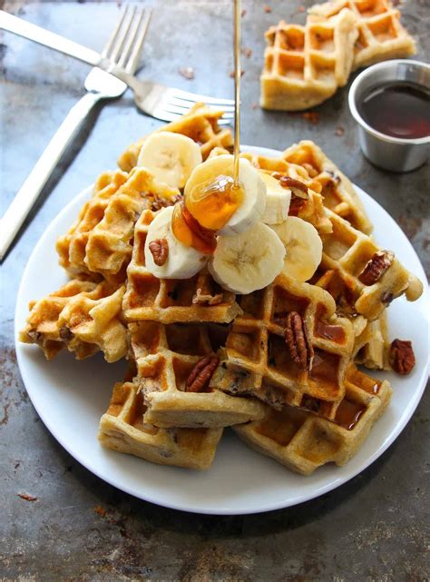 This banana bread pudding is the creamiest, sweetest and yummiest way to use up leftover bread. Extra Fluffy Vegan Banana Pecan Waffles - Layers of Happiness