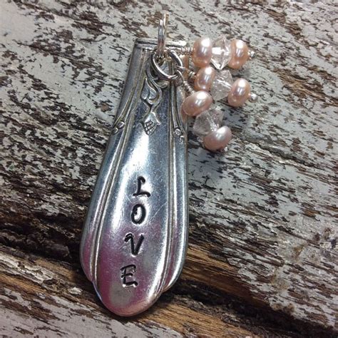 Stamped Vintage Upcycled Spoon Fork Jewelry Pendant Love Wire Tied