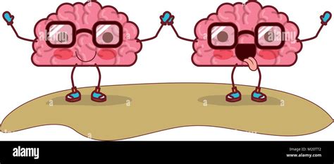 Cartoon Brains Couple And Both With Glasses And Holding Hands With Calm