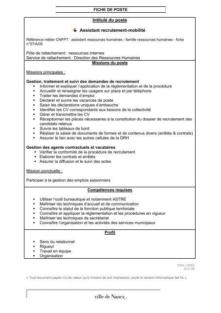 Exemple De Fiche De Poste Assistant Rh  Le Meilleur Exemple