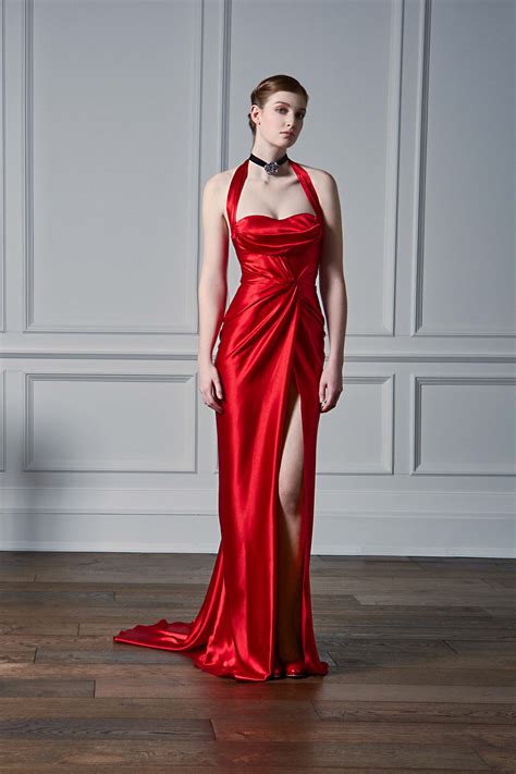 Halter Neck Draped Gown With Thigh Slit Red Kelly Ng