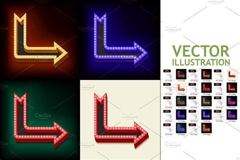 Set Neon Arrows Of Different Shapes Neon Signs Vector Illustration Neon