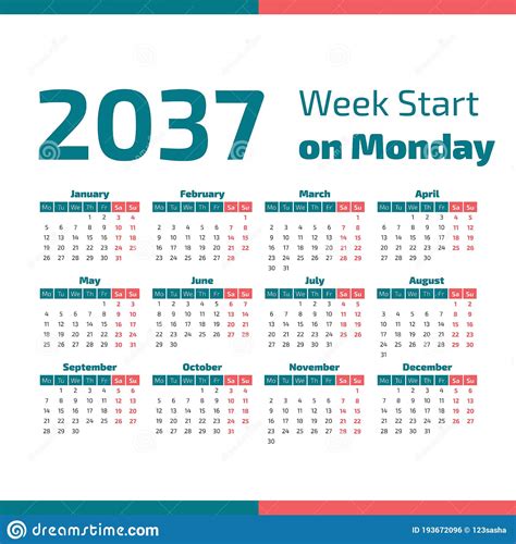 2037 Calendar With The Weeks Start On Sunday Vector Illustration