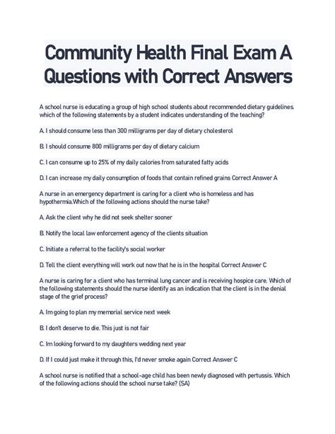 Community Health Final Exam A Questions with Correct Answers - Browsegrades