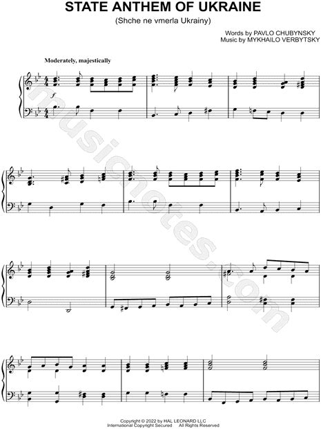 Mykhailo Verbytsky Sce Ne Vmerla Ukrainy State Anthem Of Ukraine Sheet Music Piano Solo In