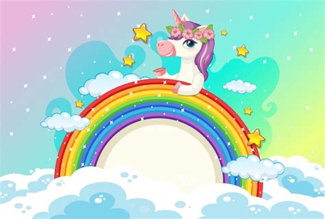 Free Vector Blank Banner With Cute Unicorn In The Pastel Sky Background