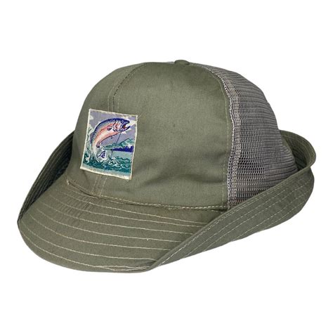 Vintage 70s Angular Fly Fishing Trout Sun Flap Fisherman Bucket Hat