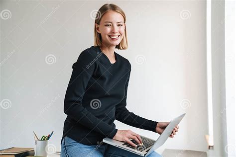Blonde Business Woman Work With Laptop Computer Stock Photo Image Of