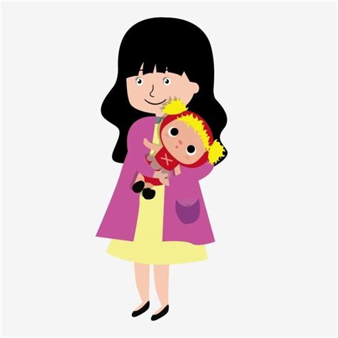 Cartoon Hand Painted Little Girl Girl Holding A Doll Doll Little