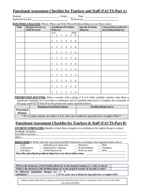 Fillable Online For Teachersstaff Functional Assessment Checklist