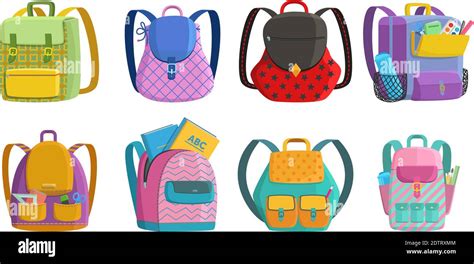 Vector Set Of School Backpacks With Pockets And Supplies In Cartoon