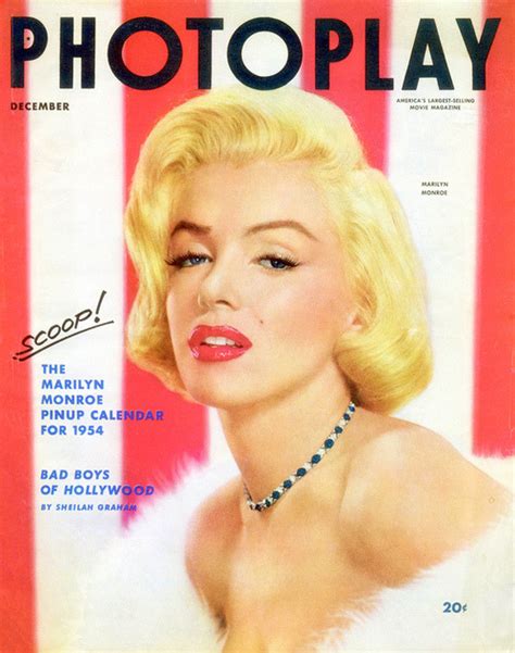 an old photo of marilyn monroe on the cover of a magazine with red and white stripes