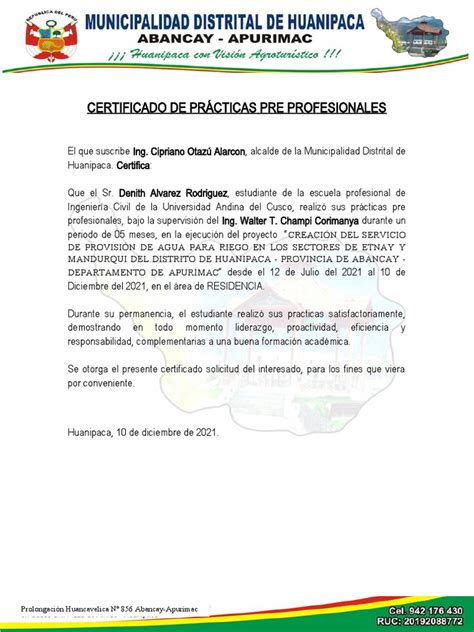 Certificado De Practicas Pre Profesionales Pdf