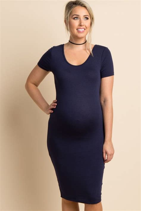 Navy Blue Solid Short Sleeve Fitted Maternity Midi Dress Stylish