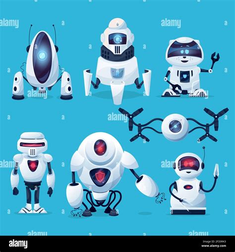 Cartoon Robots Vector Cyborg Characters Toys Pets Or Bots