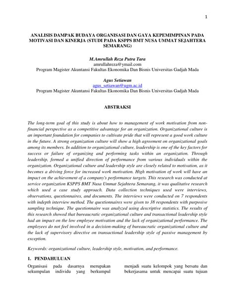 Pdf Analisis Dampak Budaya Organisasi Dan Gaya Kepemimpinan Pada My