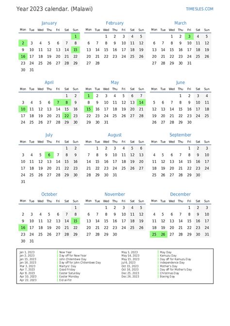 Calendar For 2023 With Holidays In Malawi Print And Download Calendar