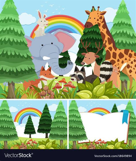 Three Scenes Of Forest With Wild Animals Vector Image