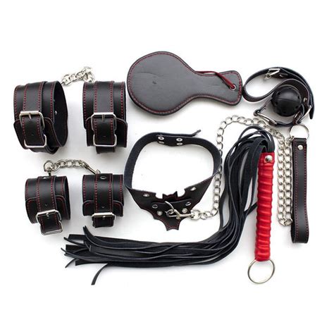 6 pcs set leather metal erotic sex toys for adults sex handcuffs clamps whip mouth gag sex mask