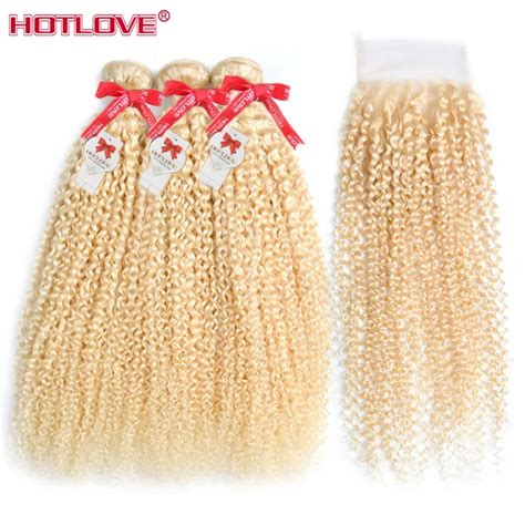 Mongolian Kinky Curly 613 Blonde Human Hair Weave 3 Bundles With Closure Free Part 44 Hotlove
